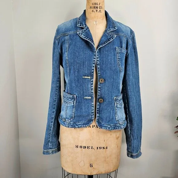 DKNY Jeans Y2K Industrial Chic Tailored Denim Blazer Jacket - Large - Picture 9 of 16